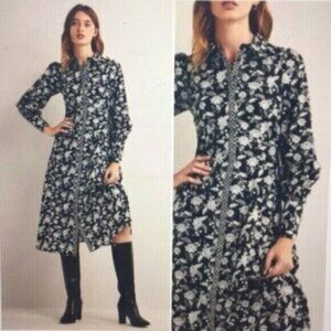 Boden (10) Floral Empire Waist Button Front A-Line Long Sleeve Midi Dress